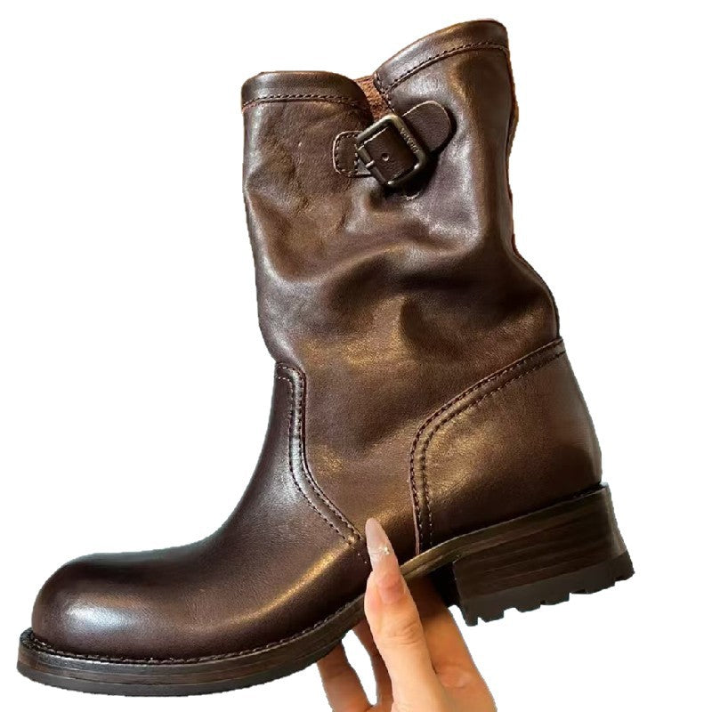 Women's Retro Handmade Pleated Martin Thick Bottom Chunky Women's Leather Boots
