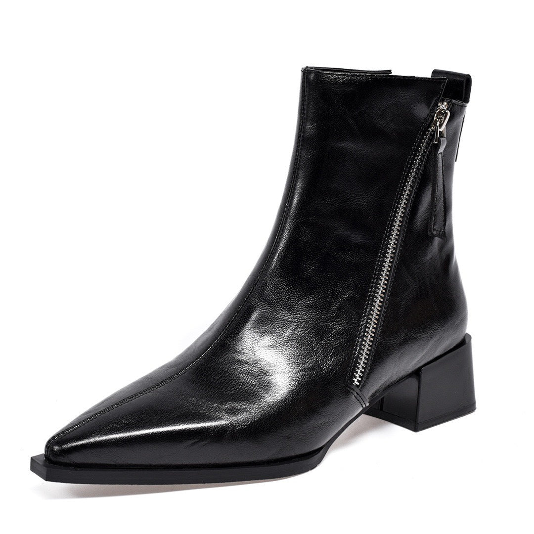 Women's Style Chunky Temperament Veet Short Mid Women's Leather Boots
