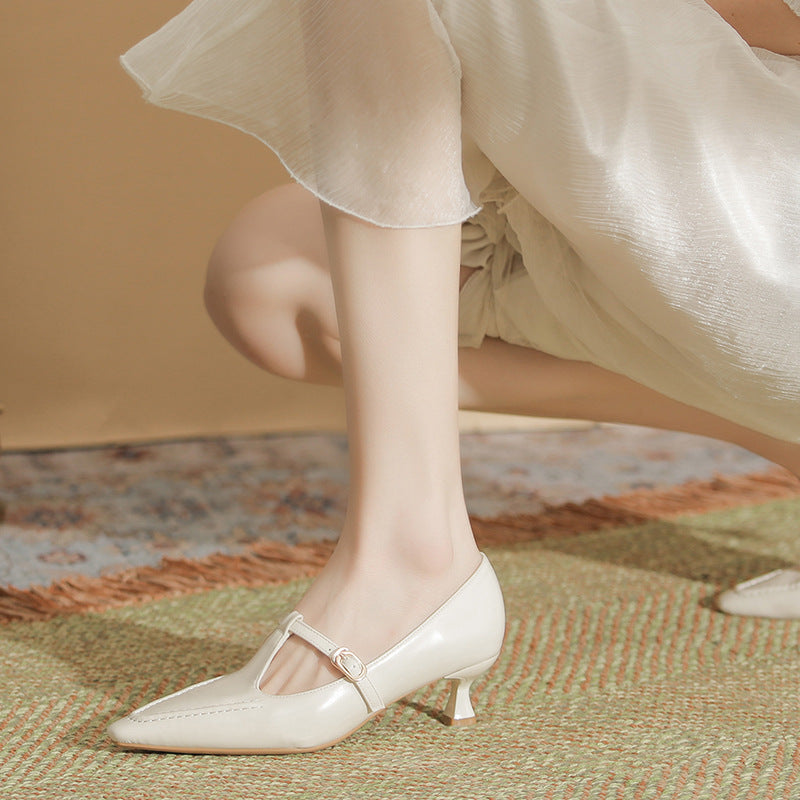Women's Pointed Toe Mary Jane Thin Short Solid Heels