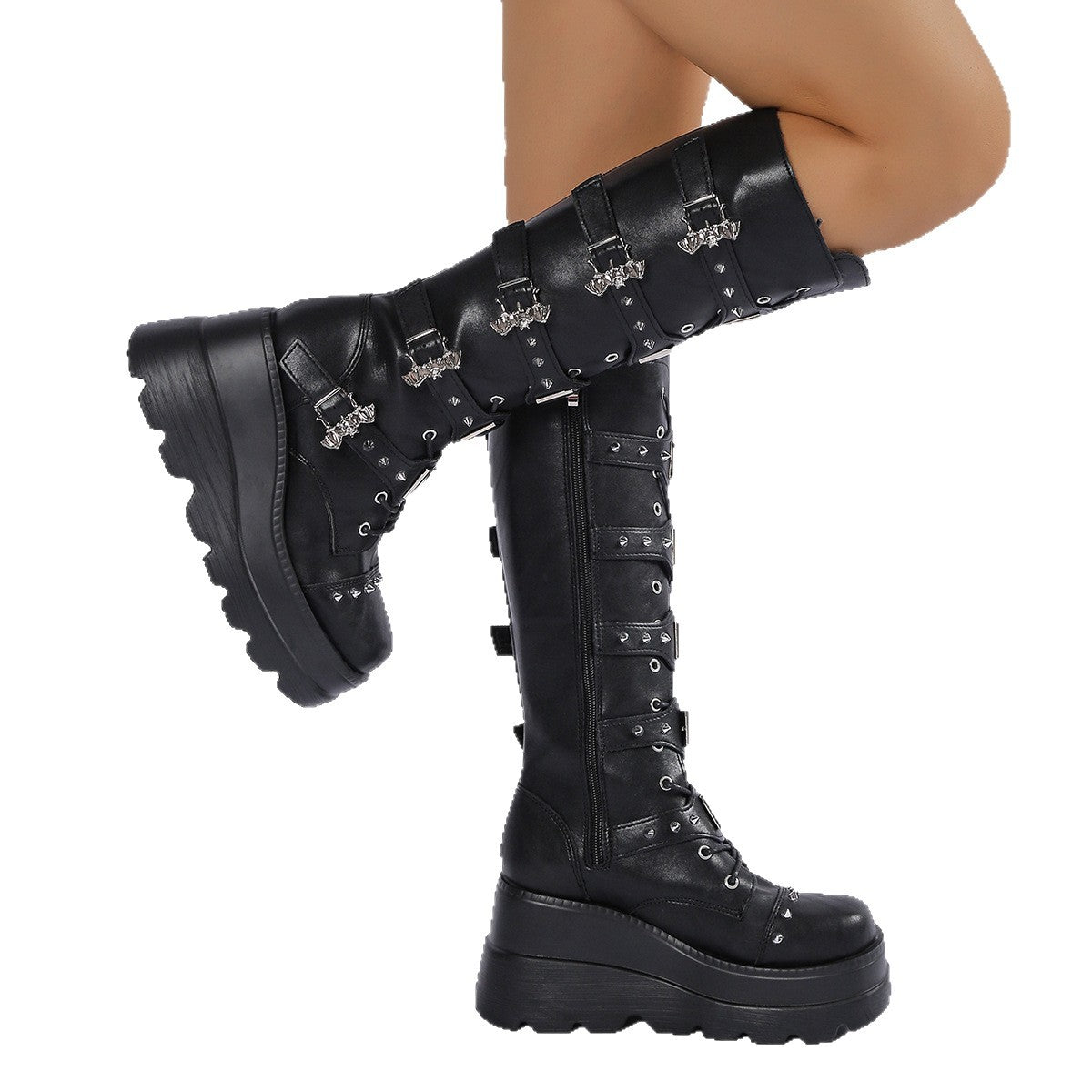 Plus Size Wedge Belt Buckle Punk Rivet Women's Leather Boots