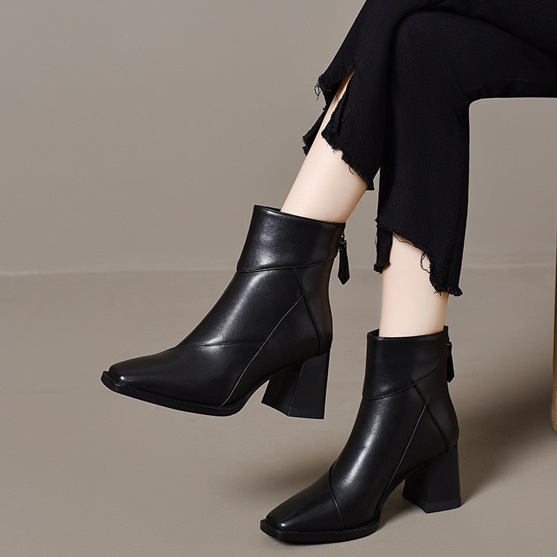 Women's Toe Booties Back Zipper Skinny Chunky Short Ankle Fleece-lined Women's Leather Boots
