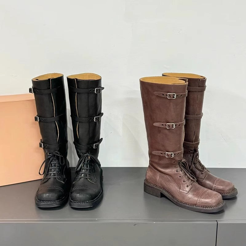 Large Size Retro British Martin Square Toe Laces High Women's Leather Boots