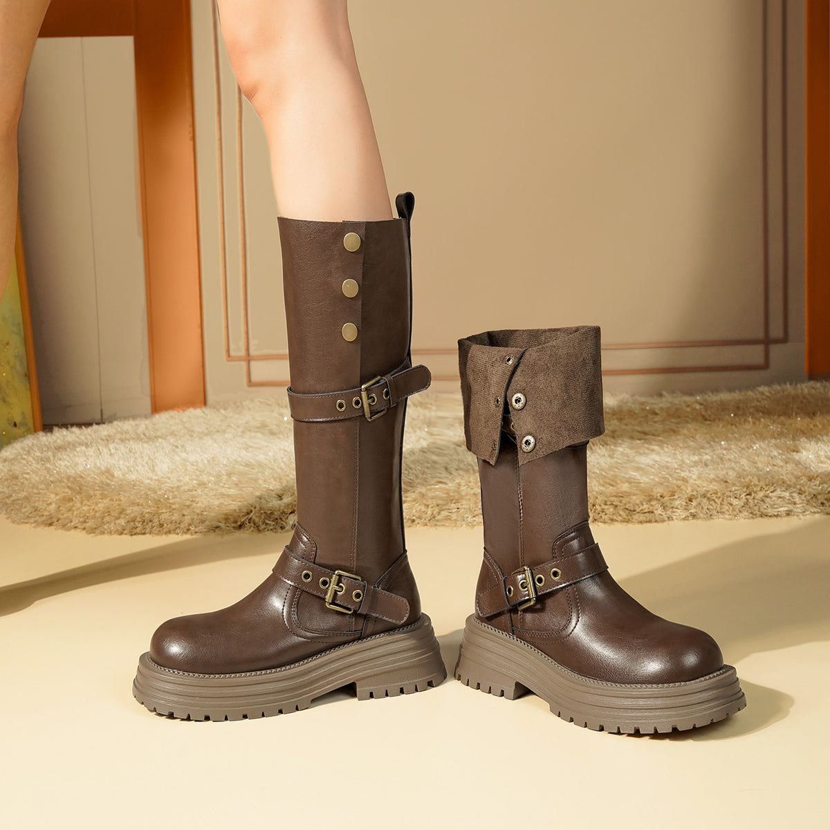 Women's Slimming Small Thick Bottom Increased Below The Knee High Women's Leather Boots