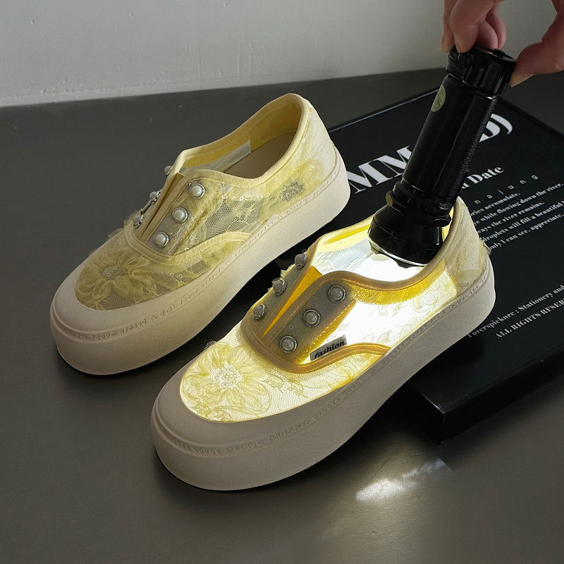 Women's Breathable White Lace Fisherman Mesh Fashionable Platform Slip-on Casual Shoes