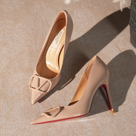 Women's Red Bottom V Buckle Pumps Shallow Mouth All-inclusive Stiletto High Women's Fashion Shoes