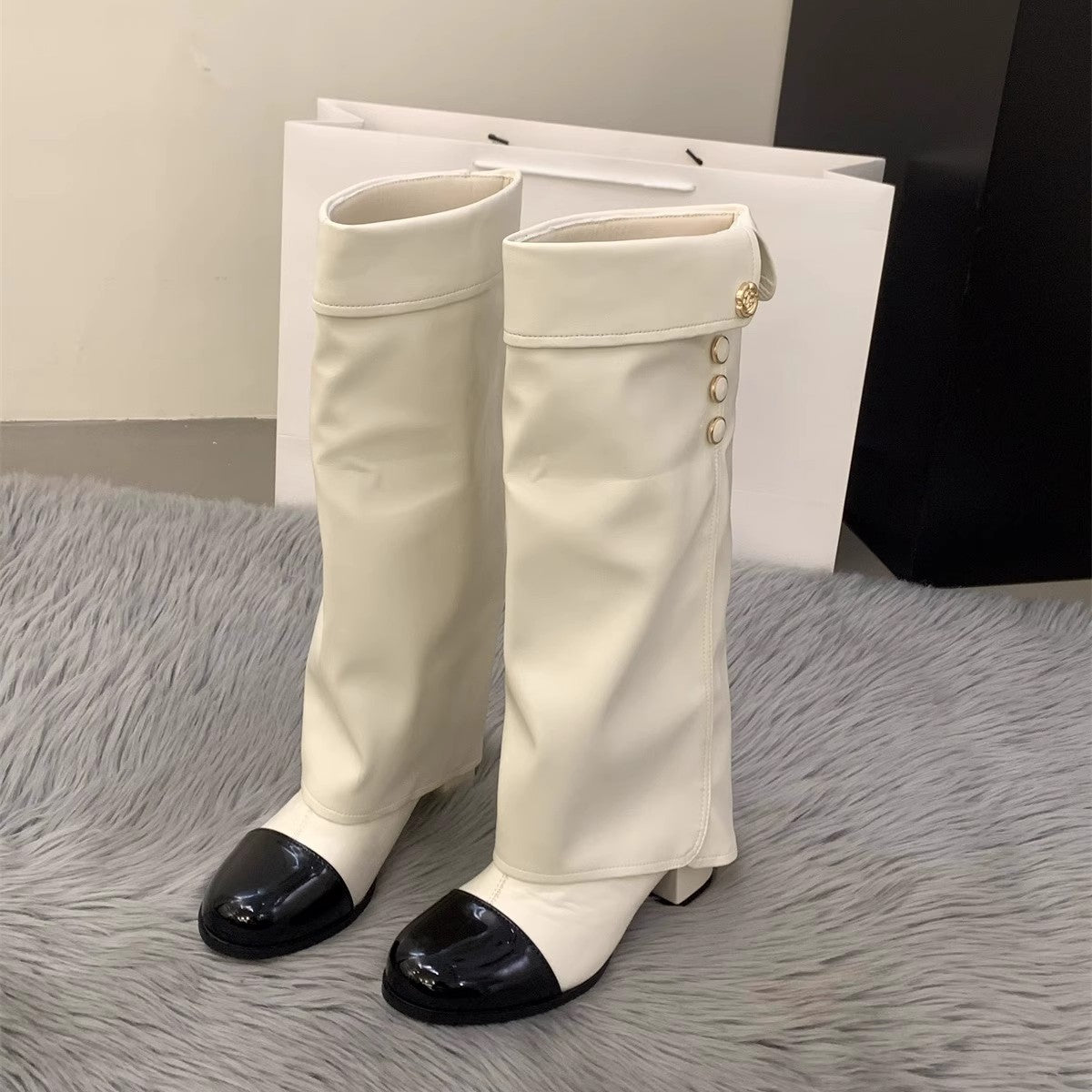 Women's High Stitching French Style Classic Long Pants Pile Women's Leather Boots