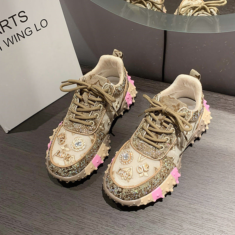 Women's Letter Pumps Rhinestone Durian Bottom Muffin Mesh Women's Sports Shoes