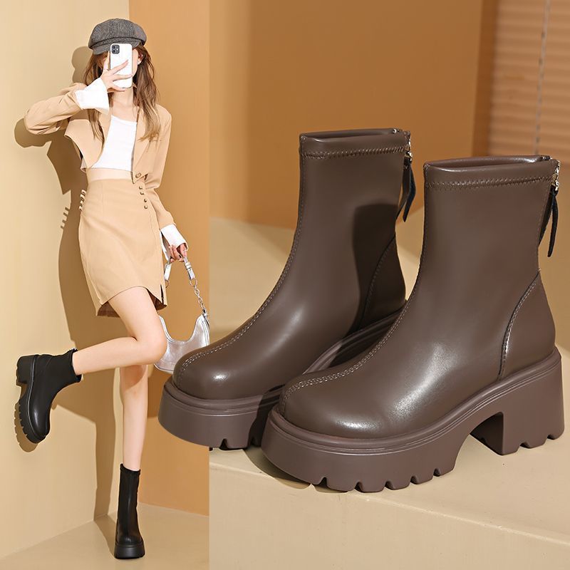 Women's Platform Martin British Style Ankle Small Height Increasing Thin Women's Leather Boots