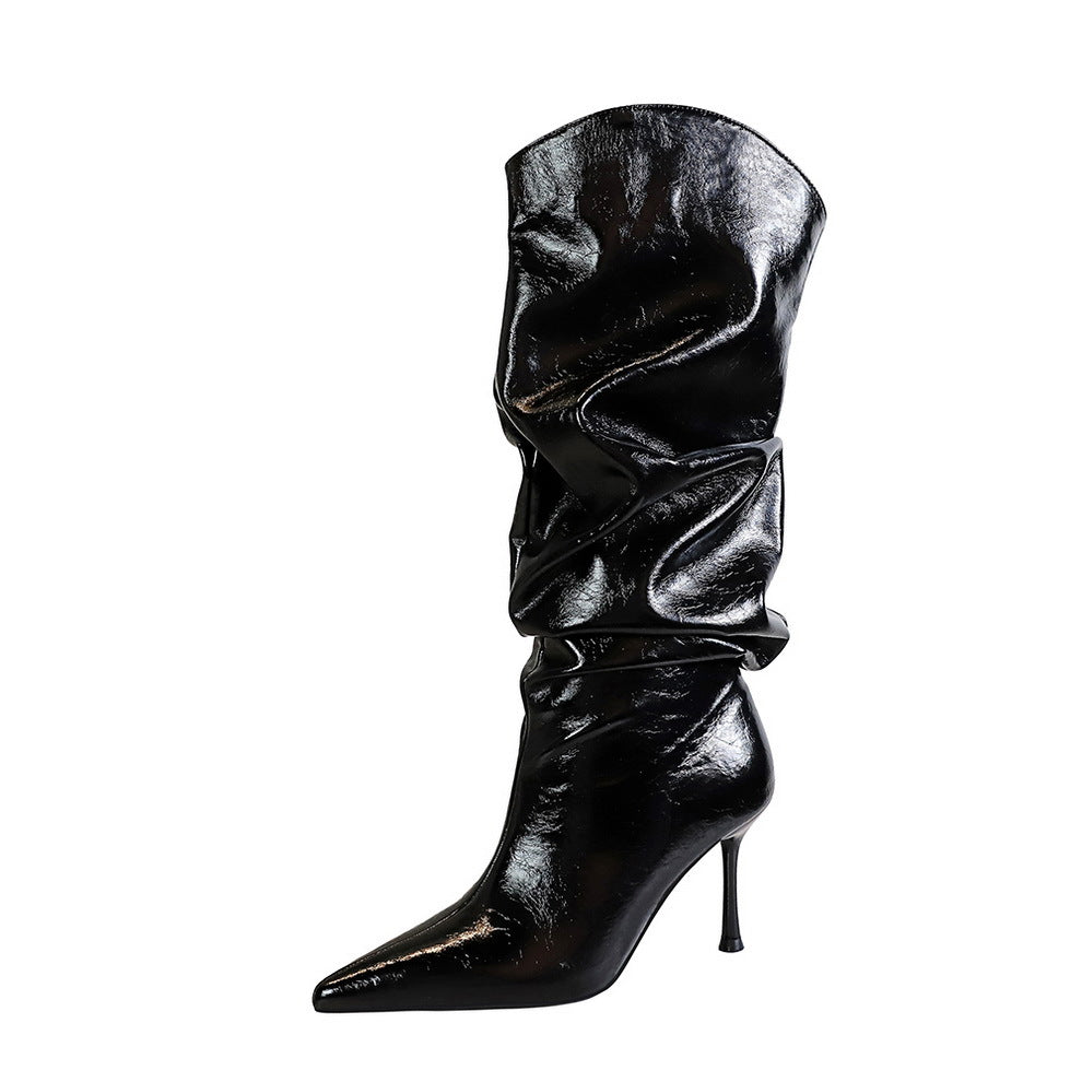 Women's Stiletto Pleated Lazy Pile Style Wide Below The Women's Leather Boots