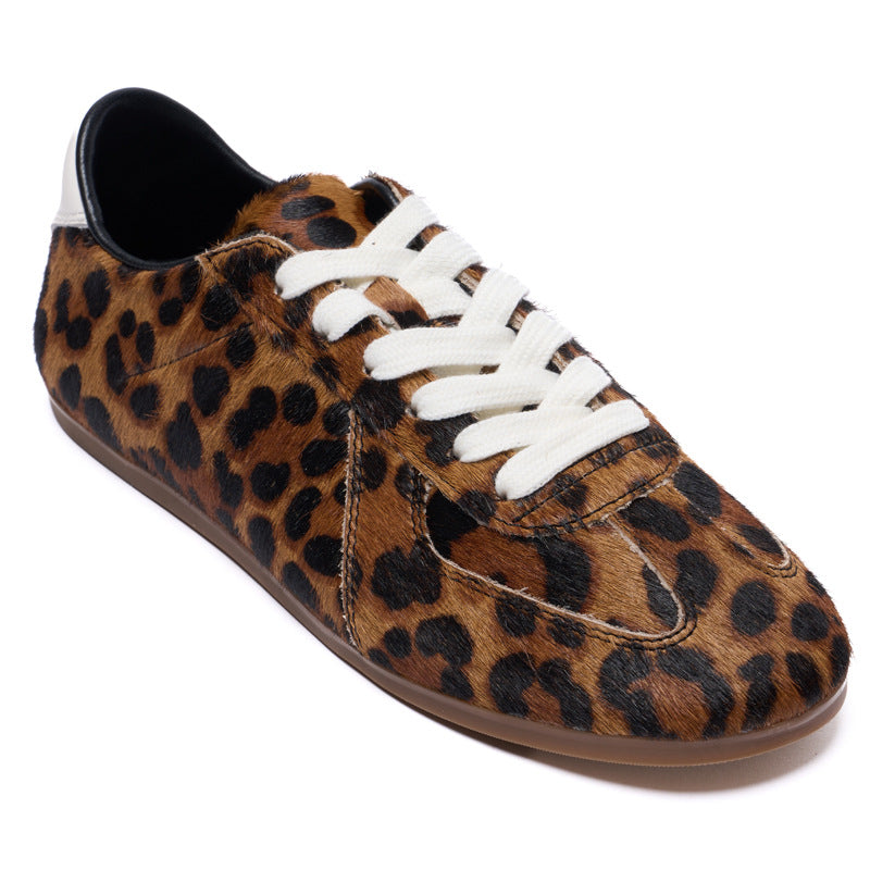 Women's Spring Genuine Lace Up Flat Leopard Print Women's Sports Shoes