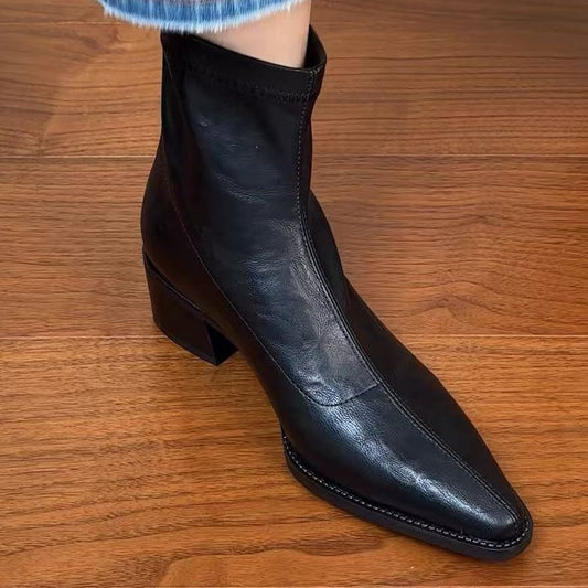 Women's Pointed Toe Chunky Booties Soft Stretch Thin French Commuter High Women's Leather Boots