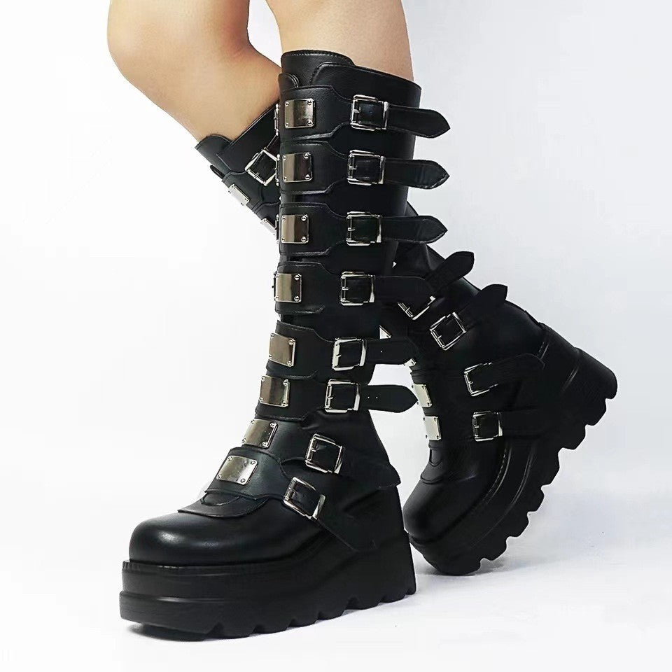 Women's Metal Buckle With Platform High Female Women's Leather Boots