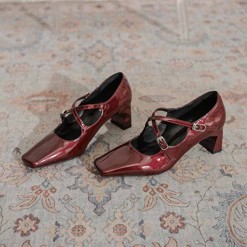 Women's Buckle Strap Spring Mary Jane Square Toe Vintage Sier Chunky Women's Shoes