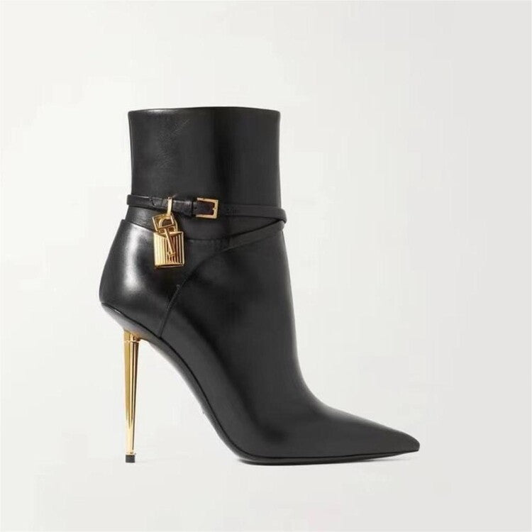 Metal Texture Stiletto Lock Slim Fit Women's Leather Boots