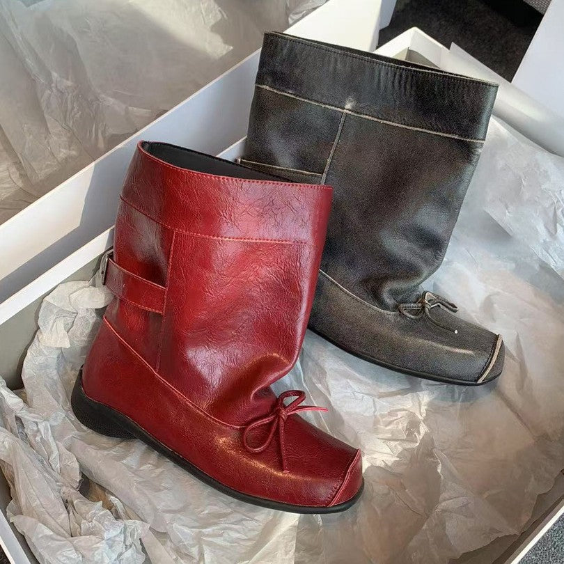 Version Square Toe Vintage Bowknot Platform Ballet Style Ankle Slimming Women's Leather Boots