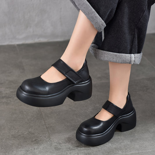 Women's Thick Bottom Shallow Mouth Pumps Genuine Velcro Spring First Layer Women's Fashion Shoes