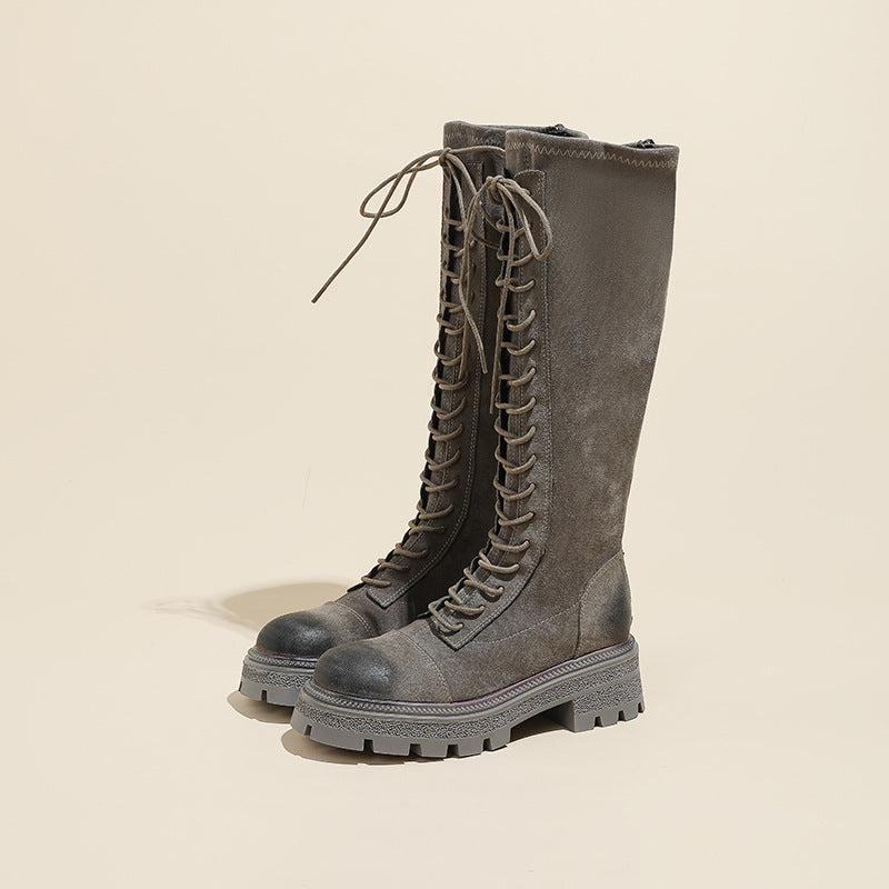 Below The Knee Slimming Elastic Thick Bottom Skinny Leg Women's Leather Boots