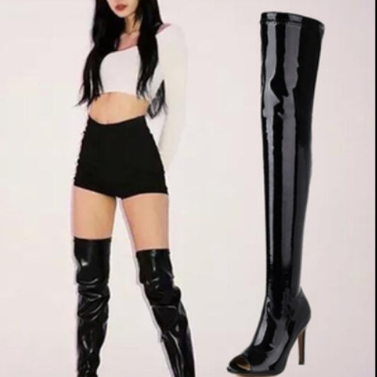 Women's Long Jazz Dance High Open Toe Peep Women's Leather Boots