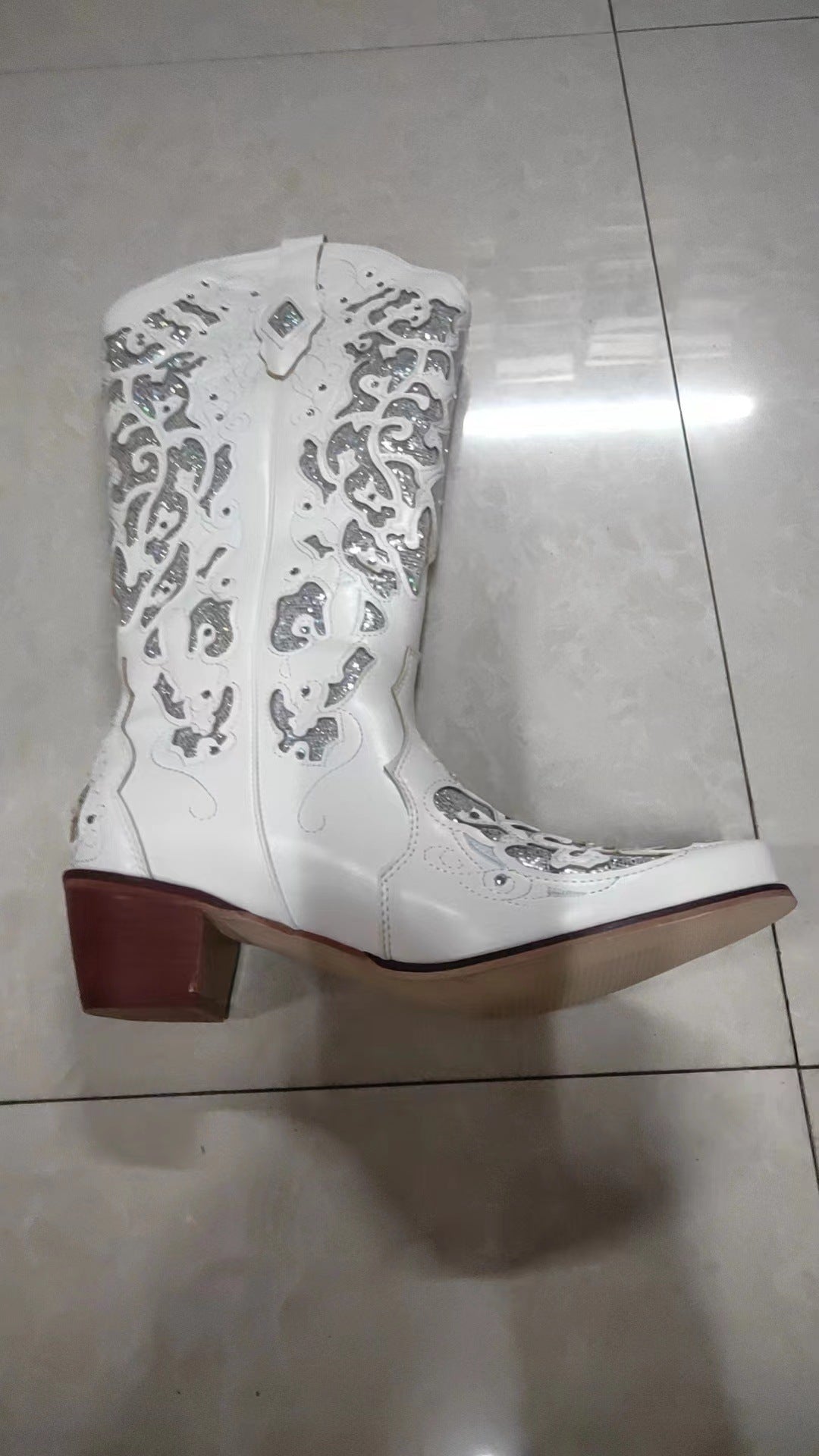Spring Chunky Middle Rhinestone Decorative High Women's Leather Boots