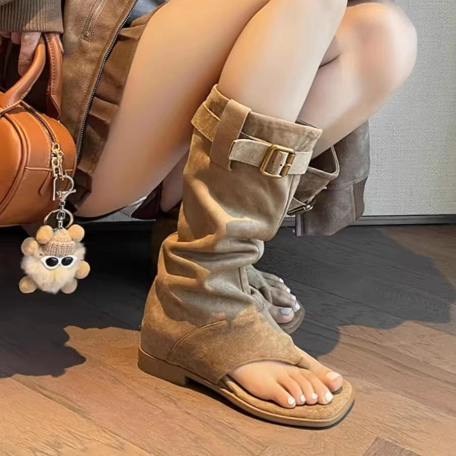 Open Toe Herringbone Height Increasing Insole Western Slimming Length Loose Women's Leather Boots