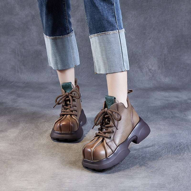 Women's Muffin Bottom High Top Ankle Fashionable First Layer Cowhide Square Men's Shoes