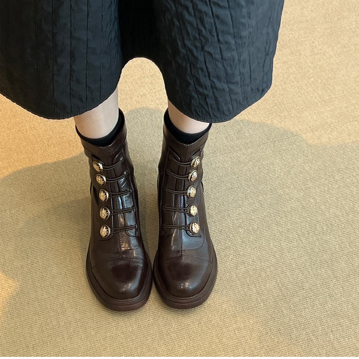 Women's Button Ankle Retro British Style High Stretch Skinny Women's Leather Boots