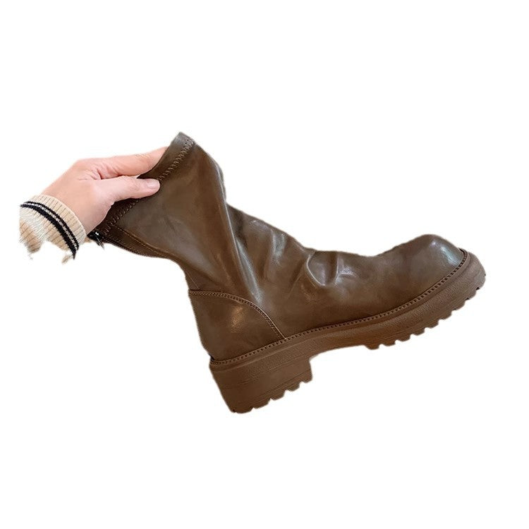 Women's Platform Skinny Round Toe Pleated Back Women's Leather Boots