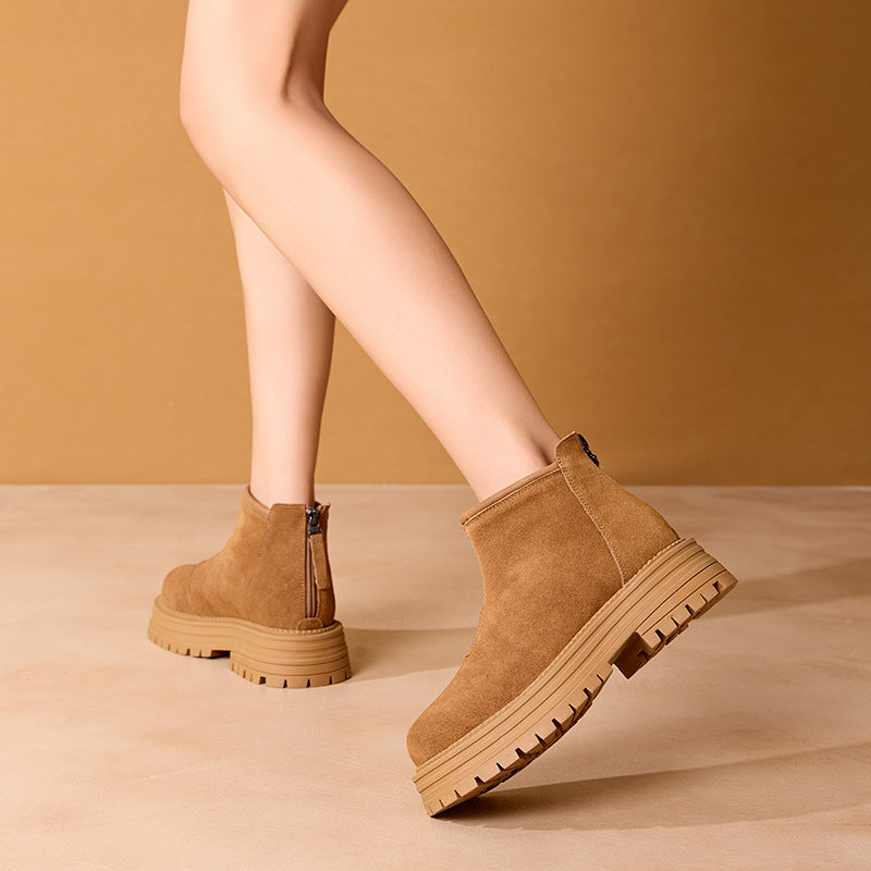 Women's Winter Vintage Fleece-lined Warm Side Zipper Frosted Cowhide Platform Women's Leather Boots