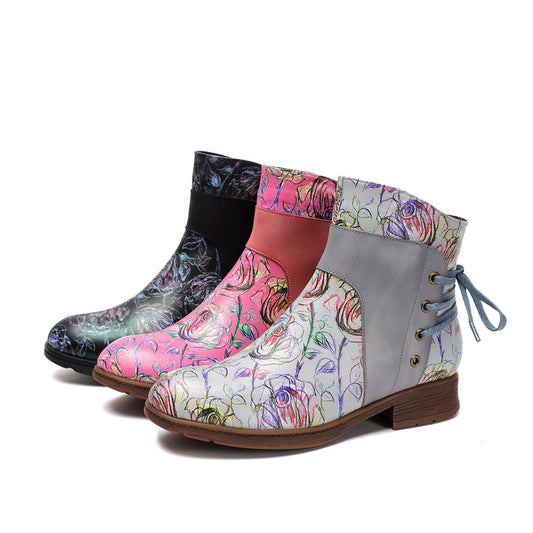 Blue Meng Die Sheepskin Cowhide Rose Hand-rub Color Women's Leather Boots