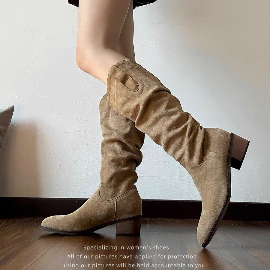Women's Cowhide Version Retro V Mouth Height Increasing Pile Style Small Women's Leather Boots