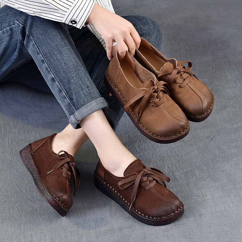 Women's Spring First Layer Cowhide Ethnic Style Retro Lace Up Flat Men's Shoes
