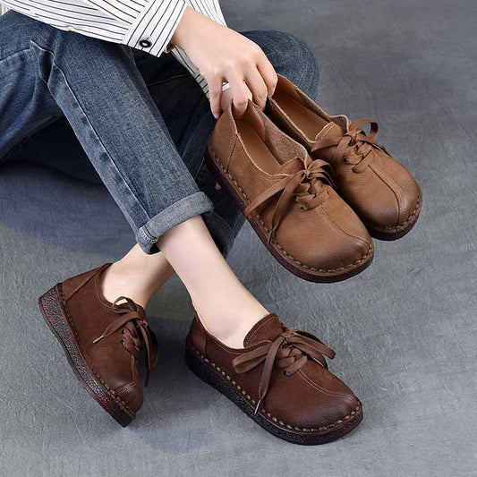 Women's Spring First Layer Cowhide Ethnic Style Retro Lace Up Flat Men's Shoes
