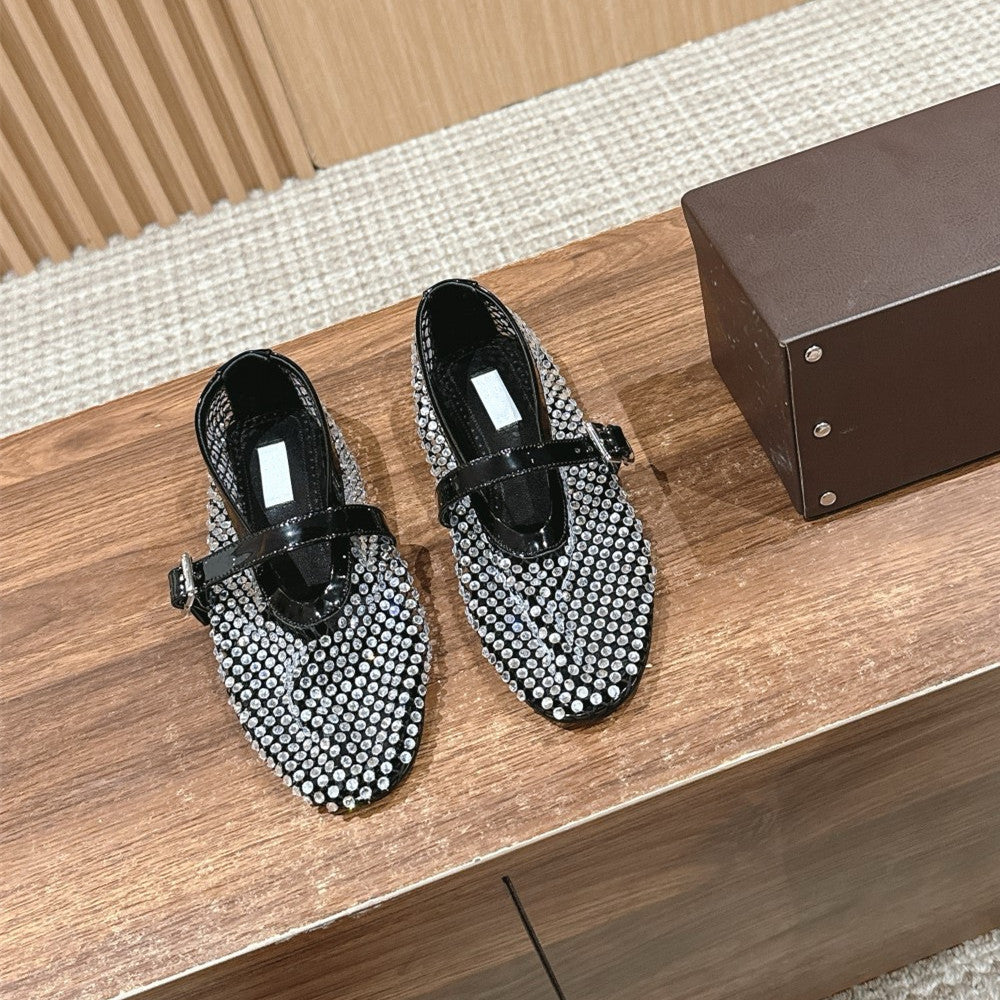 Mary Jane Mesh Breathable Buckle Ballet Full Diamond Hole Slippers