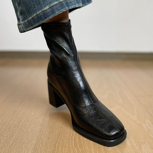 Women's Mute Soft Bottom Stretch Thin Chunky High Short Women's Leather Boots