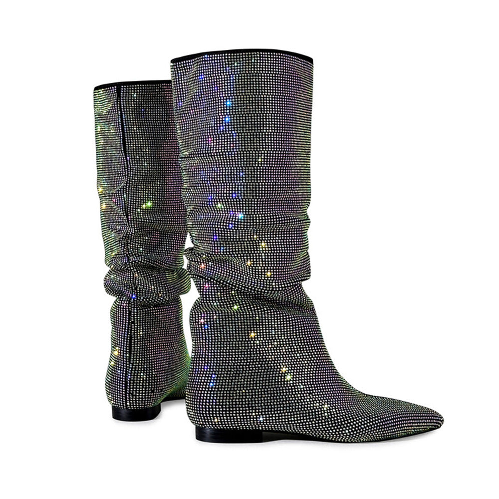 Toe Flat Bottom Rhinestone High Leg Winter Suede Stitching Sleeve Women's Leather Boots