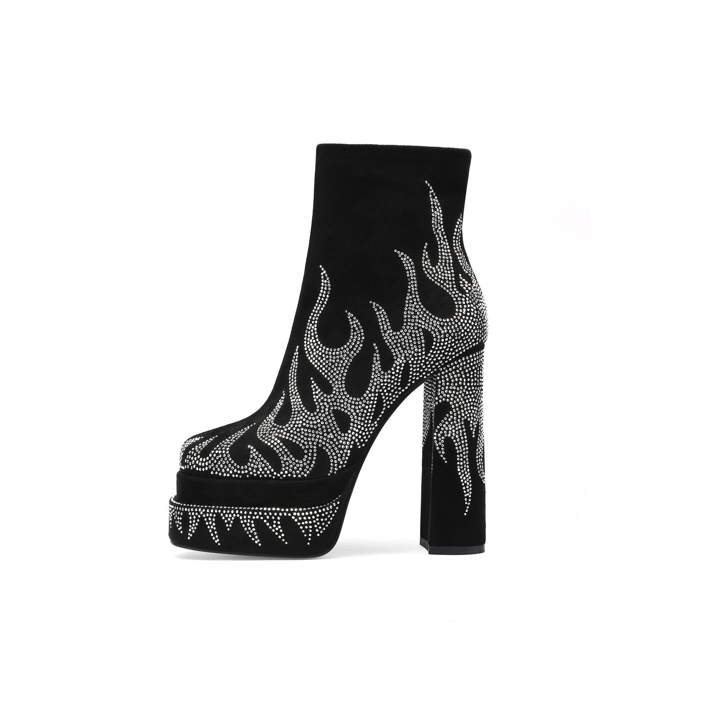 Women's Flame Pattern Bootie Square Head Side Zipper Chunky High Plus Heels