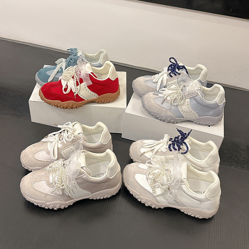 Women's Version Height Increasing Insole Mercerized Crescent Pearl Lace Breathable German Casual Shoes