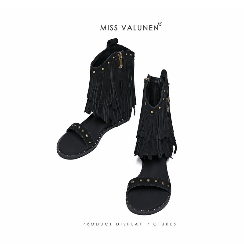 Women's Summer Tassel Strap Roman Style Western Cowboy Matte Women's Leather Boots
