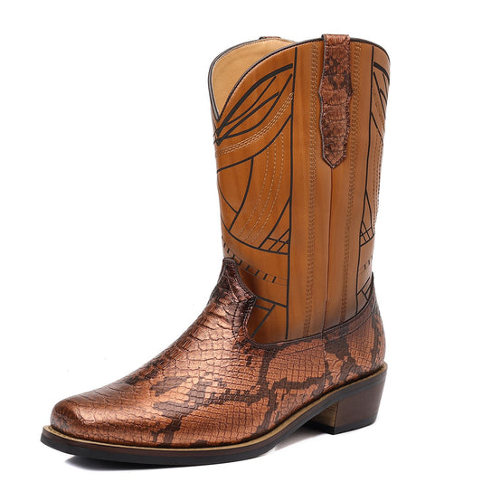 Men's Retro Ankle Cowboy Wooden High Knee-high Men's Leather Boots