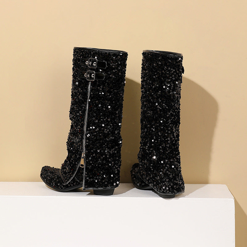 Women's Sequined Zipper Assorted Colors Low High Women's Leather Boots