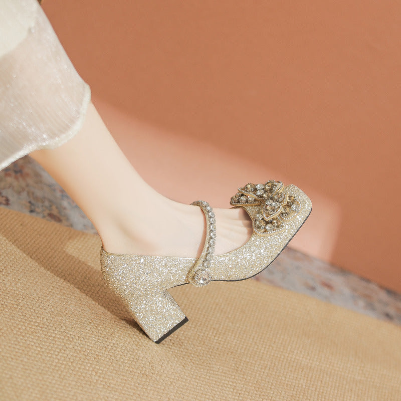Women's Toe High High-grade Shining Rhinestone Mary Jane Elegant Chunky Women's Fashion Shoes