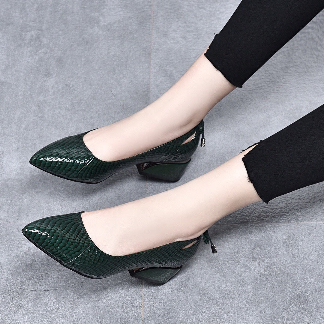 Women's Chunky Low-cut Mid Authentic Soft Bottom Pointed Low Bow Heels