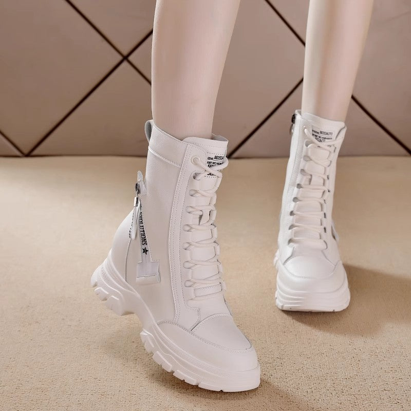 Women's Martin British Style Small Thick Bottom Height Increasing Insole Women's Leather Boots