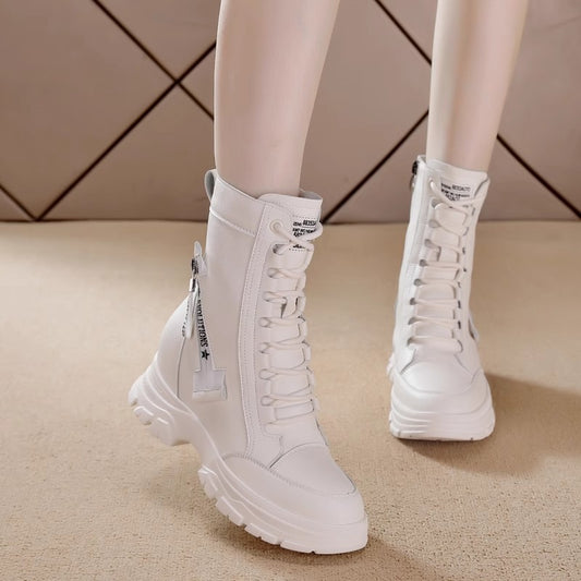 Women's Martin British Style Small Thick Bottom Height Increasing Insole Women's Leather Boots