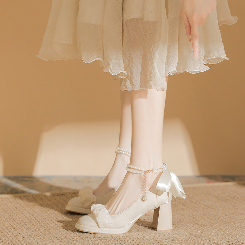 Women's High Chunky Lady Style Gentle Bridesmaid Vintage Pearl Mary Jane Women's Fashion Shoes
