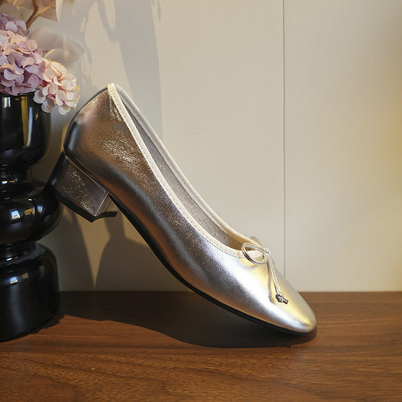 Women's Super Soft Bow Pumps Square Toe Chunky Mid Sweet Mary Heels