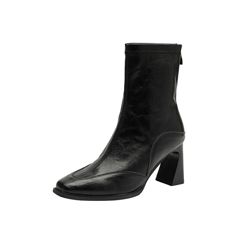 Women's Korean Style High Square Toe Skinny Short Chunky Vintage Martin Women's Leather Boots