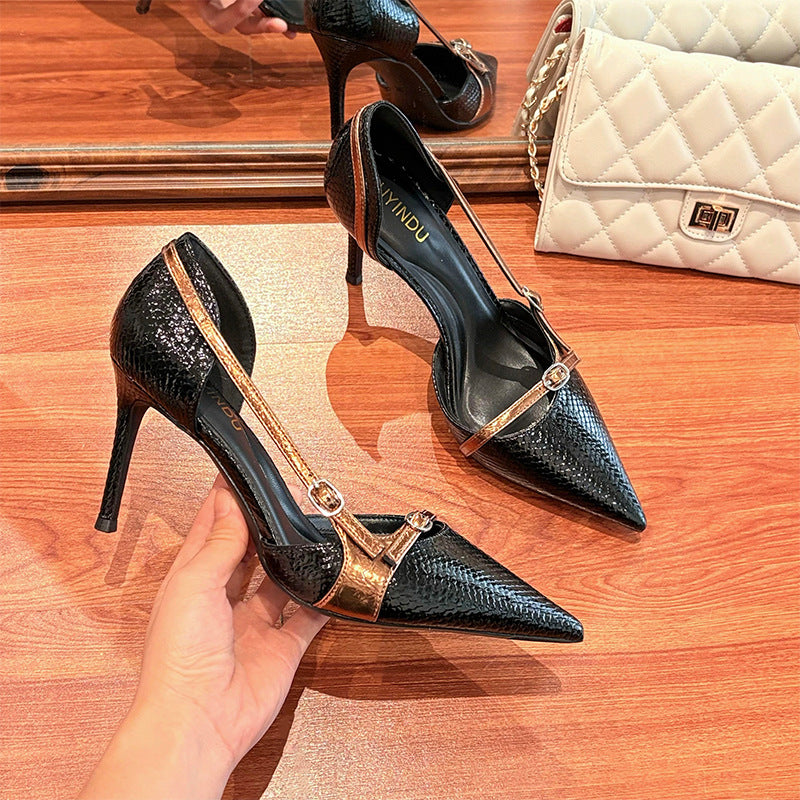 Women's Retro Hollow Snakeskin Pattern High Sexy Pointed Toe Stiletto Women's Fashion Shoes