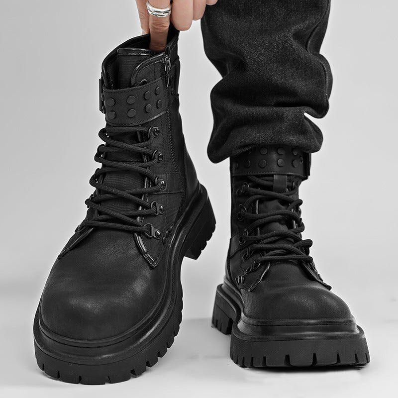 Women's & Men's Autumn Black Worker Platform Motorcycle Height Boots