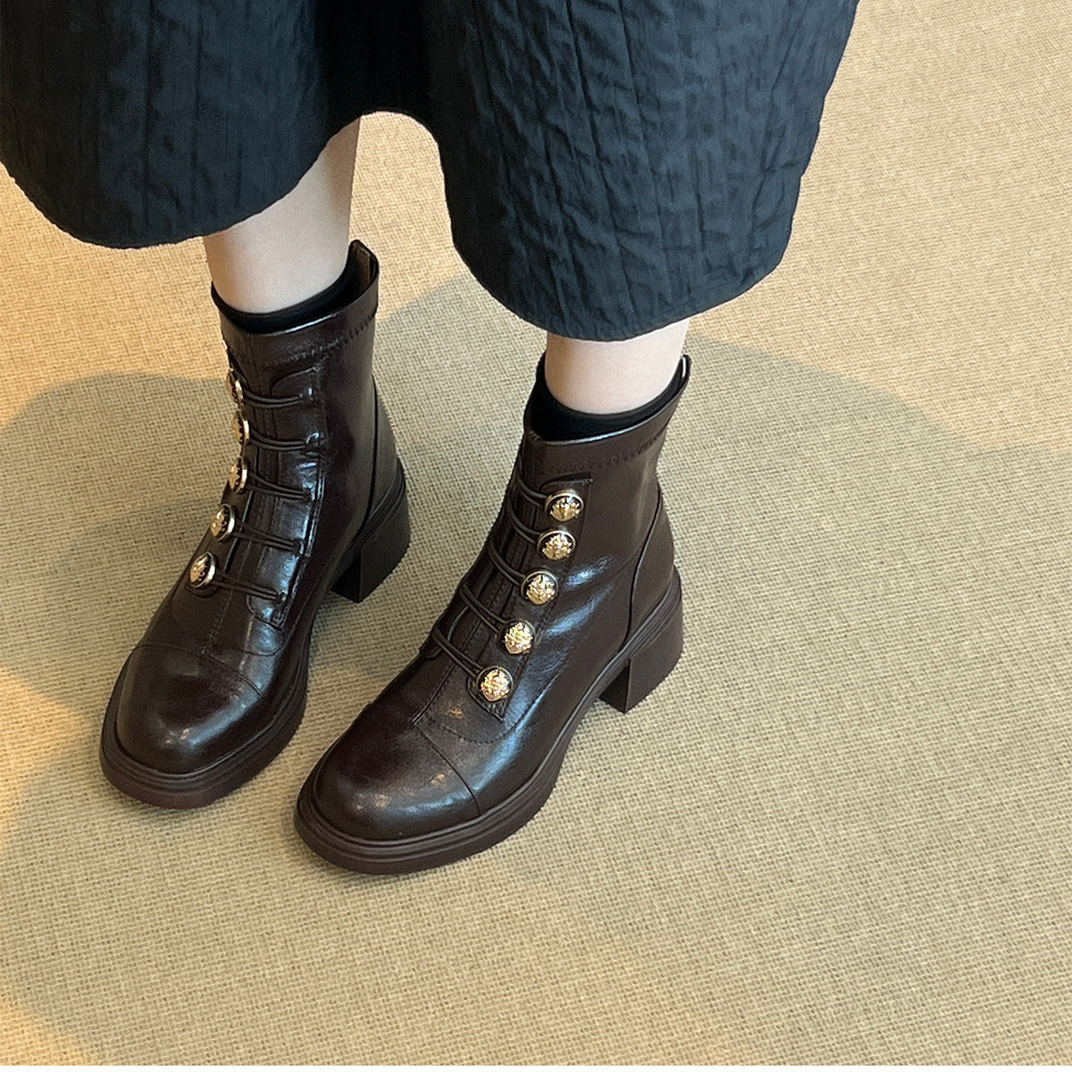 Women's Button Ankle Retro British Style High Stretch Skinny Women's Leather Boots